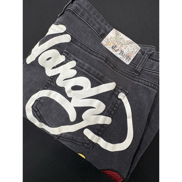 Vintage Y2K Ed Hardy Baggy Embroidered Denim Jeans Womens Size 38 Rare Black‎ - Picture 6 of 12